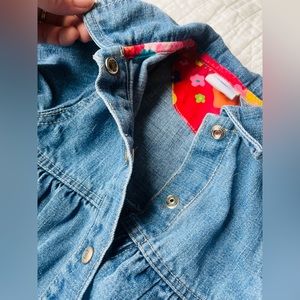 VTG 90s groovy Denim Blue Jean Dress w/Long sleeve & rad red flower print trim